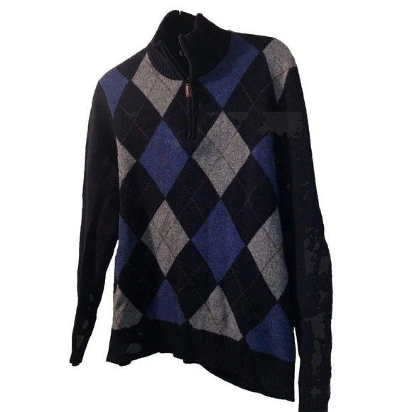 J Crew Lambswool Sweater Jacket Mens M 1/2 Zip Elbow Patches Argyle Navy Gray - Picture 1 of 10